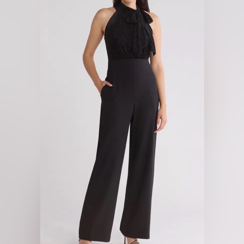 NWT Vince Camuto “Burnout Velvet Halter Bow Dress”Black Halter Jumpsuit